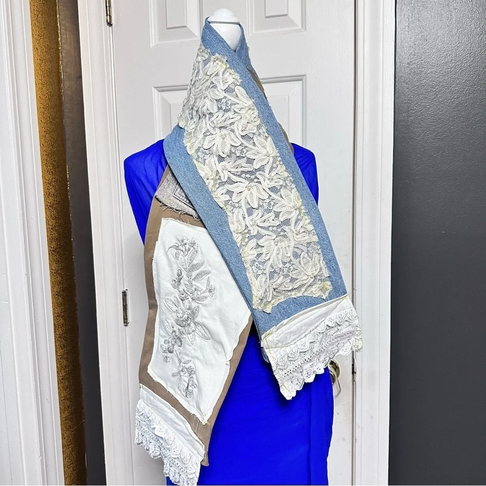 RUBYRUDI Denim Patchwork Scarf ARTISAN Handcrafted Upcycled OOAK Sustainable Art